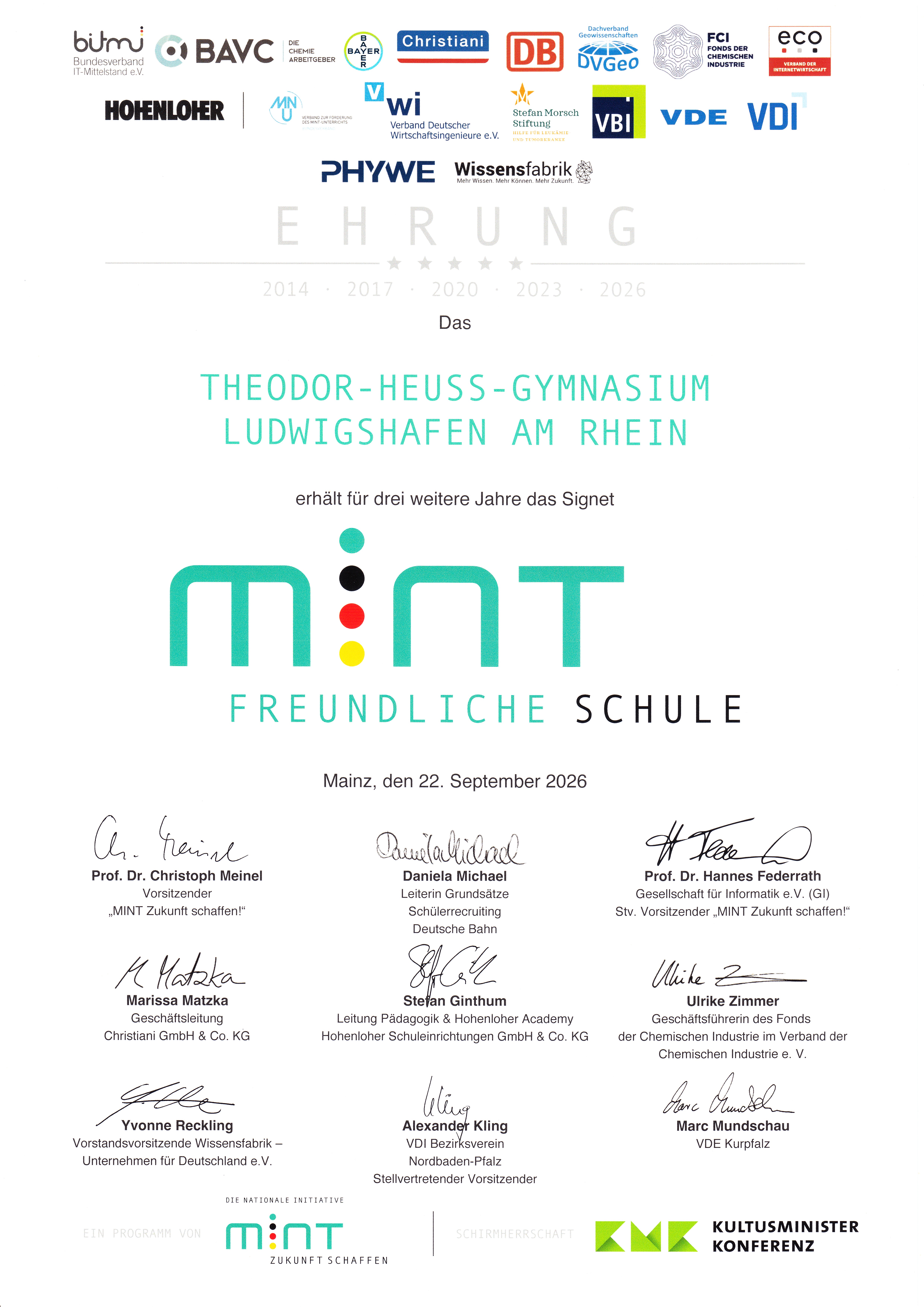 Urkunde MINT freundliche Schule 2026